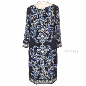 WHBM Black Blue Knit Printed Dress Size M Basic Shift Stretch Travel Career